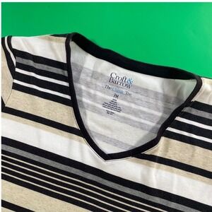Croft & Barrow Womens Striped V-Neck T-Shirt Short Sleeve Top Beige‎ Black